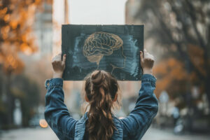 Vrouw met een bord over entheogene stoffen en het brein